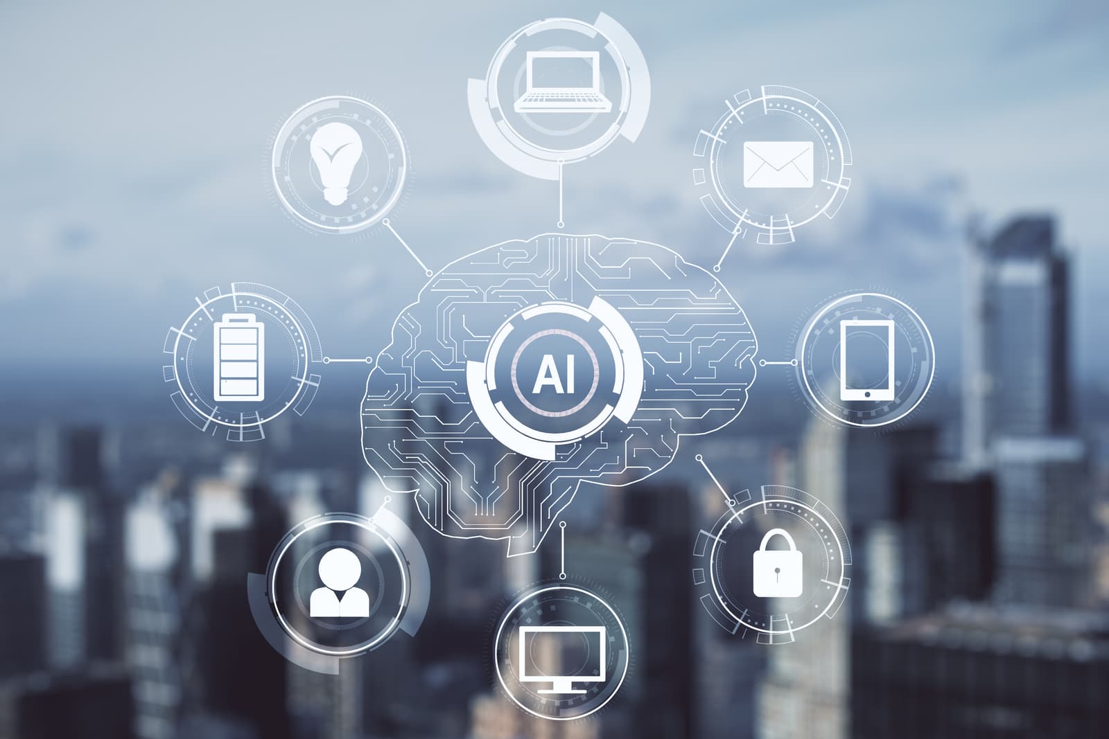 Illustration of an AI-powered brain linked to laptop, phone, email and security icons above a city skyline, representing practical AI expertise.