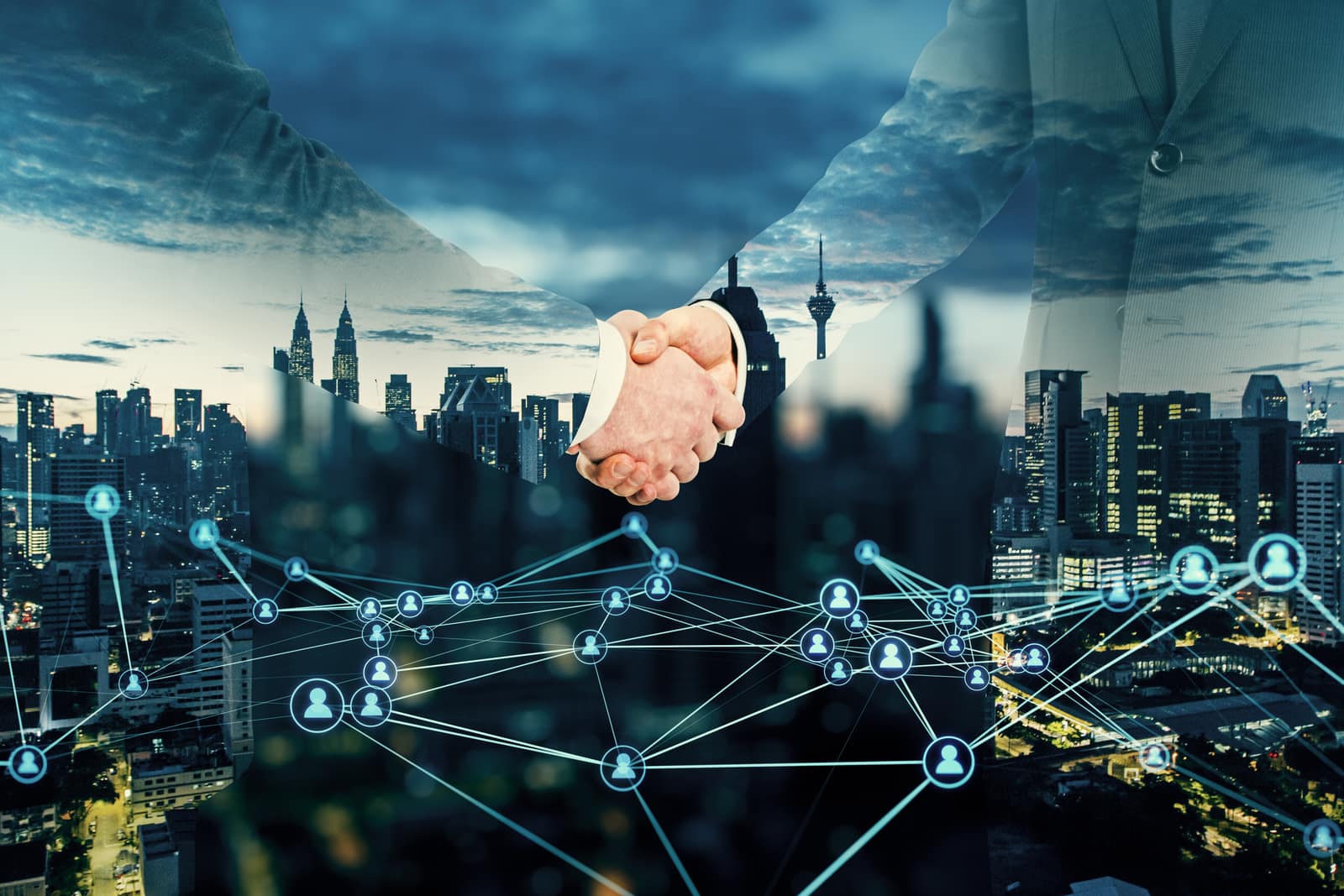 Illustration of a business handshake over an evening city skyline with a network of connected people, inviting businesses to get in touch.