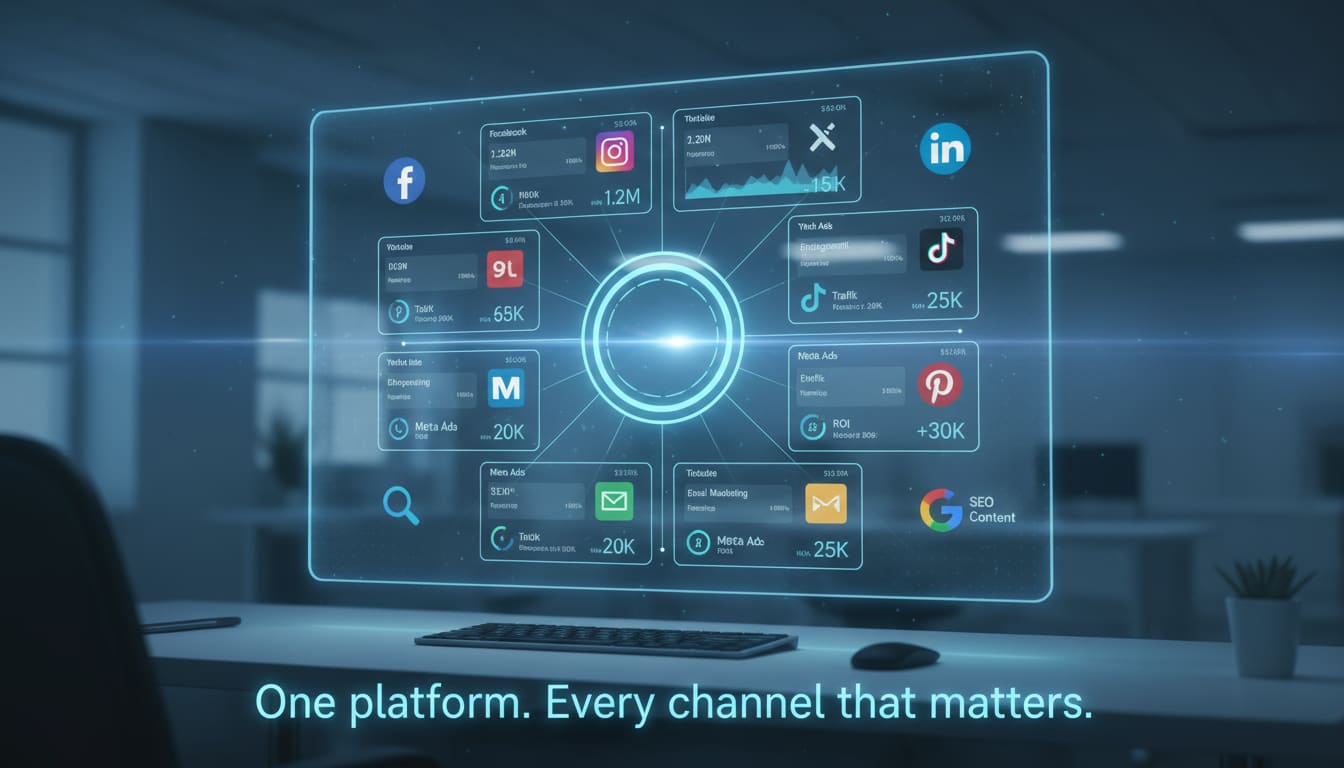 EasyMark concept dashboard bringing Facebook, Instagram, TikTok, LinkedIn, email and SEO channels into one view.