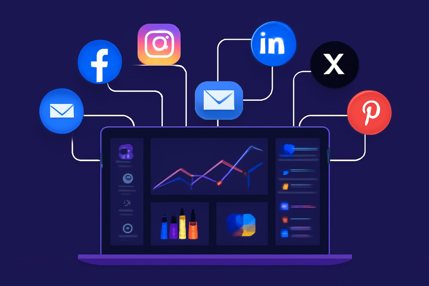 EasyMark dashboard illustration: a laptop analytics chart linked to Facebook, Instagram, LinkedIn, X, Pinterest and email marketing channels.