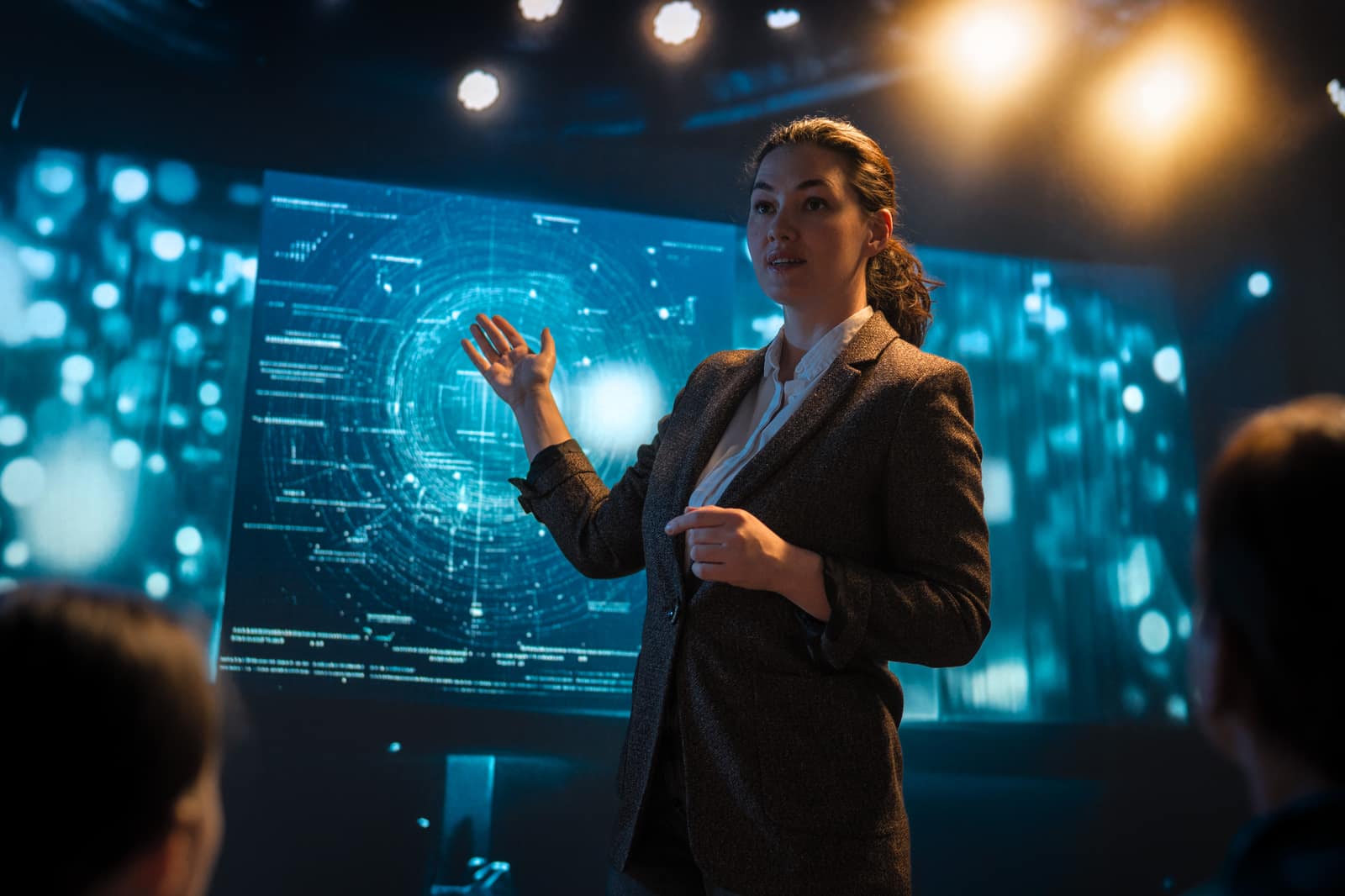 A business professional presenting a glowing AI data visualization to an audience, illustrating modern AI and automation at work.