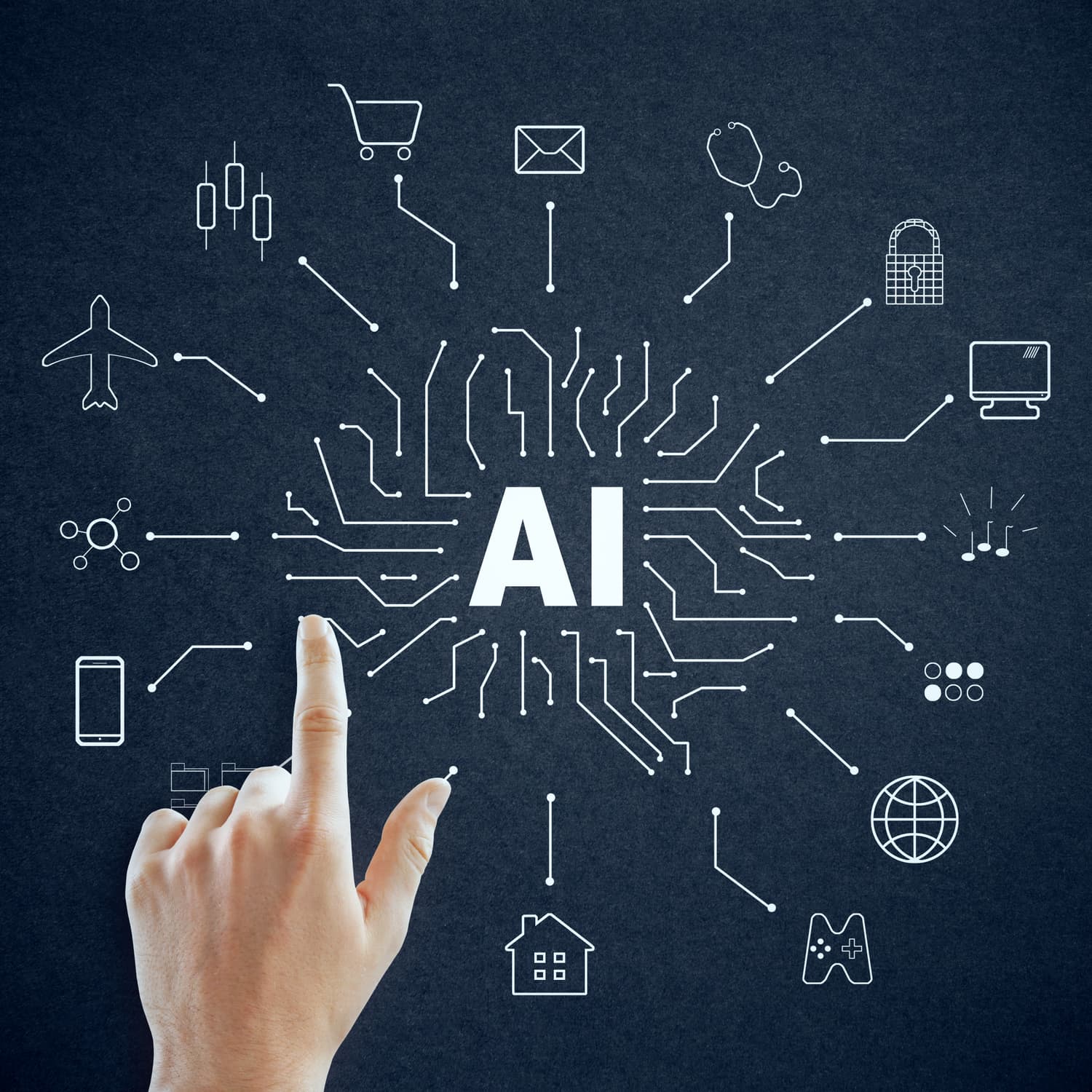 Illustration of an AI network connecting retail, healthcare, logistics, finance and home icons, showing where AI and automation services apply.